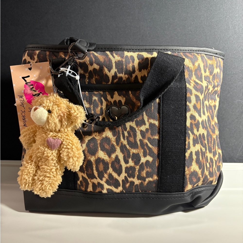 Betsey Johnson leopard cheetah print tote bag with teddy charm